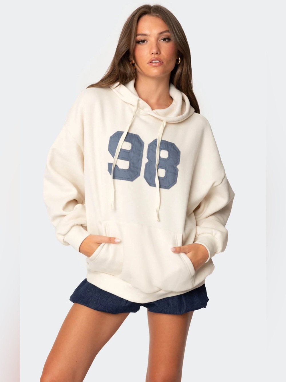 Edikted  98 Oversized Varsity Cream Hoodie Sweatshirt Size XS